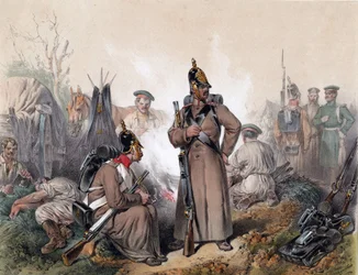 Une scene de la guerre d'independance en Hongrie en 1849 - En scene fra uavhengighetskrigen i Ungarn i 1849 - Strassgschwandtner, Josef Anton (1826-1881) - ca. 1849 - Fargelitografi - 22,7x29,2 - Privat samling