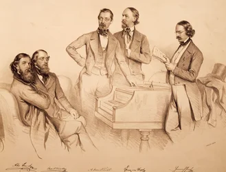 Gruppeportrett av wienermusikere og komponist: Franz von Suppe', Carl Binder, Anton Storch, Heinrich Proch og Anton Emil Titl, litografi av Josef Kriehuber