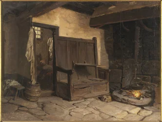 Et hytteinteriør (olje på papir montert på masonitt)