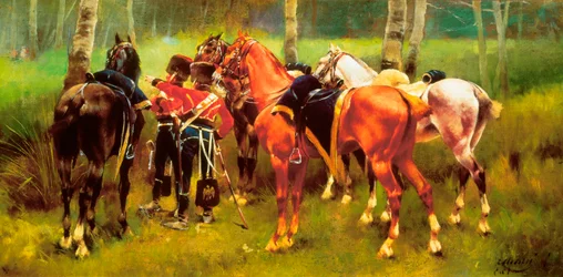 ""Gruppe husarer og hester i skogen"" Maleri av Josep Cusachs i Cusachs (1851-1908). 1905.