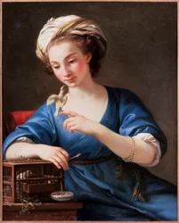 Ung kvinne i tyrkisk kostyme leker med en fugl tatt ut av buret sitt. Hun har på seg turban og perlearmbånd. Maleri av Joseph-Marie Vien (Joseph Marie Vien)