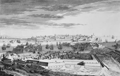 En utsikt over byen Malta på siden av Cotonere, ca. 1750 (gravering)