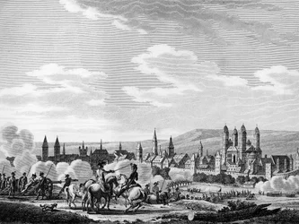 Fransk revolusjon og prøyssisk antirevolusjonær bevegelse: Erobringen av byen Speyer (tyske Speyer) i oktober 1792, Tyskland. Gravering av Berthaut etter Swebach. Paris, bibliotek ved Institutt for revolusjonshistorie