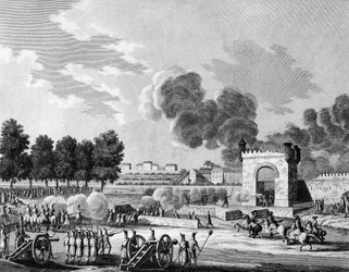 Fransk revolusjon: Republikansk fete des victoires, kamp mellom unge studenter ved Champs de Mars i Paris 21. oktober 1794. Gravering av Malapeau etter Swebach - Desfontaines. Paris, bibliotek ved Institutt for revolusjonshistorie