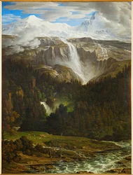 Schmadribach-fossen i Lauterbrunn-dalen, Berner Oberland, Sveits … (olje på lerret)