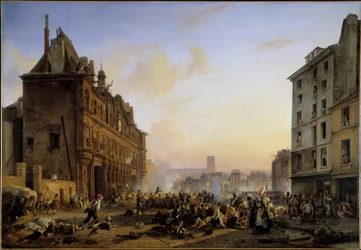 Les Trois Glorieuses (27., 28. og 29. juli): "" Attack of the Paris City Hall on 28/07/1830"" Maleri av Joseph Beaume (1796-1885) 1831 Søn. 1,45x2,1 m
