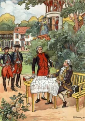 Den franske kongen Louis XVI og navigatøren Jean Francois de Galaup, comte de Laperouse (1741-1788) i 1785, illustrasjon av JL Beuzon 1933