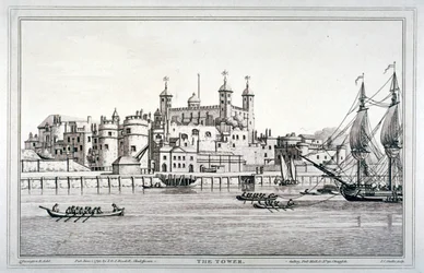 Sørutsikt over Tower of London med båter på Themsen, 1795