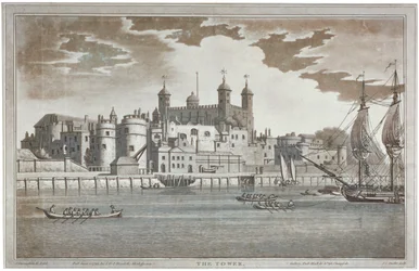 Se Tower of London fra Themsen med båter på elven, 1795