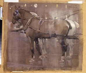 Cab Horses av Gaslight (akvarell og kroppsfarge på lin)
