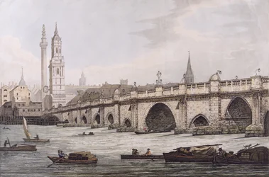 Utsikt over London Bridge, inkludert Church of St. Magus og The Monument, gravert av J.C. Stadler