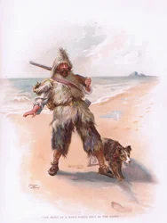 Avtrykket av en manns fot i sanden (farge litho)