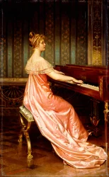 Elegant dame sitter på Piano-Forte,