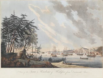 En utsikt over byen og havnen i Halifax fra Dartmouth Shore, 1781
