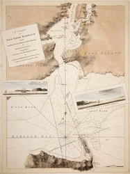 Et kart over New York havn med loddebilder, landemerker og sjøretninger for bruk av los. Satt sammen av oppmålinger og observasjoner av løytnantene John Knight og John Hunter fra marinen og andre.
