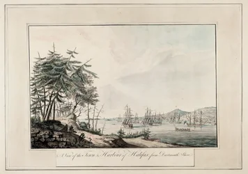 Utsikt over byen og havnen i Halifax, fra Dartmouth-kysten, ca. 1777 (Trykt)