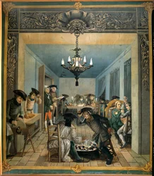 Wetter-brødrenes indiske tekstilmanufaktur: verksted for klargjøring av trykkblokker og farger, 1764, Orange, Musée municipal