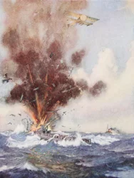 Skvadronsjef A.W. Bigsworth angriper med bomber en tysk ubåt, som fylles med vann og synker utenfor Oostende