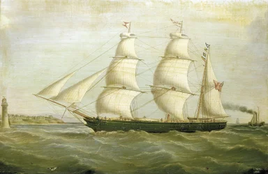 Seilbåten «Queen Bee» (bygd i 1852), med et fyrtårn på den ene siden bygget av hus. Oljemaleri