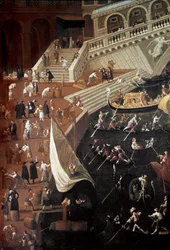 Regate ved Ponte di Rialto i Venezia, detalj av bryggene (maleri