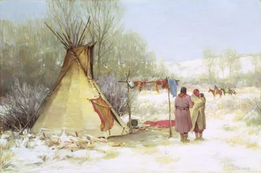 Indianere vender tilbake til en vinterleir (olje på lerret)