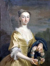Portrett av en dame som holder en blomsterkrans