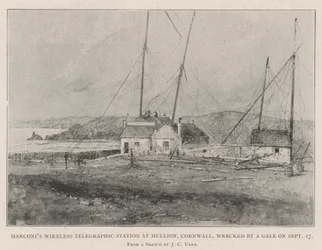 Marconis trådløse telegrafstasjon i Mullion, Cornwall, ødelagt av en kuling 17. september