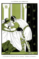 Legend of Nibelunge: Siegfried omfavner Walkyrie Brunnhilde (kromolitografi)