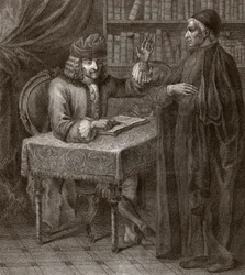 «Voltaire og munken - VOLTIER, Francois-Marie Arouet - med et presteskap. Voltaire og en prest (religion) - Gravering av Joseph Lante - 1764