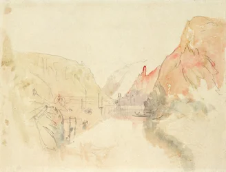 Slottet Traben-Trarbach ved Mosel, ca. 1844 (blyant og akvarell på papir)