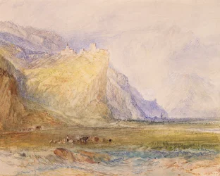 Domleschg-dalen, med utsikt mot sørøst, mot Schloss Ortenstein, ca. 1853 (akvarell på papir)
