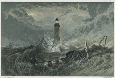 Eddystone fyr, bygget på Eddystone Rock av den engelske sivilingeniøren John Smeaton fra 1757–1759. Kromolitografi etter maleri av JMW Turner