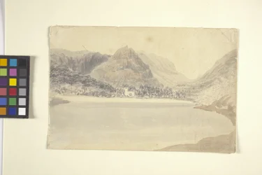 Grassmere Lake And Church (akvarell over blyant på off-white papir)