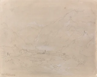 Fjelllandskap med by i dalen, ca. 1840 (grafitt og grå vask på papir)