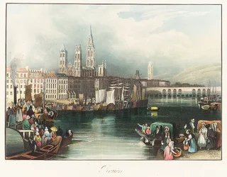 Rouen (Frankrike). Litografi (33 x 46,9 cm) av Joseph Mallord William Turner (1775–1851).