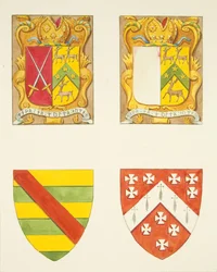 Fire våpenskjold - to i et vindu nær klokketårnet, Bristol Cathedral (akvarell på papir)