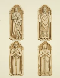 Fire figurer som dekorerer dørene laget av Clarke, på hver side av alteret til St Mark's (akvarell på papir)