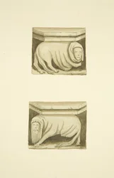 Fire takstoler i nord veranda (opprinnelig støttende statuer) av St Mary Redcliffe (akvarell på papir)
