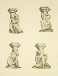 Fire takstoler på tårnet (opprinnelig støttende statuer) av St Mary Redcliffe (akvarell på papir)