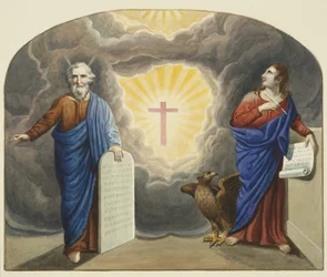 Malt vindu over Christ Church alter, som viser Moses og St John the Evangelist (akvarell på papir)