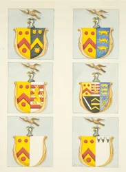 Seks våpenskjold i glassmalerier i nord- og sørgangene (østenden) av Bristol Cathedral (akvarell på papir)