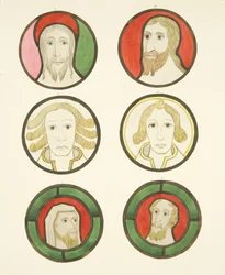 Seks hoder i glassmalerier nord og sør for koret i Bristol Cathedral (akvarell på papir)