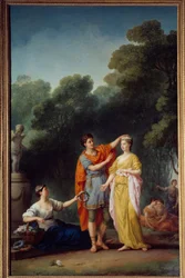 Galante-scene: "" En elsker som kroner sin elskerinne med en blomsterkrans"" Maleri av Joseph Marie Vien l'Ain (1716-1809) Søn. 3,3x2 m Paris,