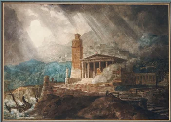 En Capriccio av en romersk havn under en storm