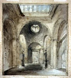Forrommet til Sir Francis Chantreys skulpturgalleri i 30 Belgrave Place designet av Sir John Soane (1753-1837) (akvarell og blyant på papir)