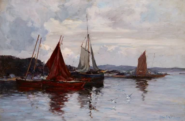 Fiskebåter i havnen (olje på lerret)