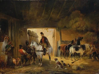 En rytter som vanner hesten sin i en stall, 1840