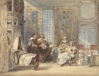 Scene med familie og gjest i interiøret fra det syttende århundre, 1825-78.