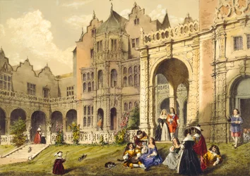 Tar en forfriskning på terrasseplenen, Holland House, Kensington fra 'Architecture in the Middle Ages', 1838