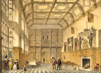 The Great Hall, Hatfield, Berkshire, 1600, illustrasjon fra 'Architecture of the Middle Ages', 1838